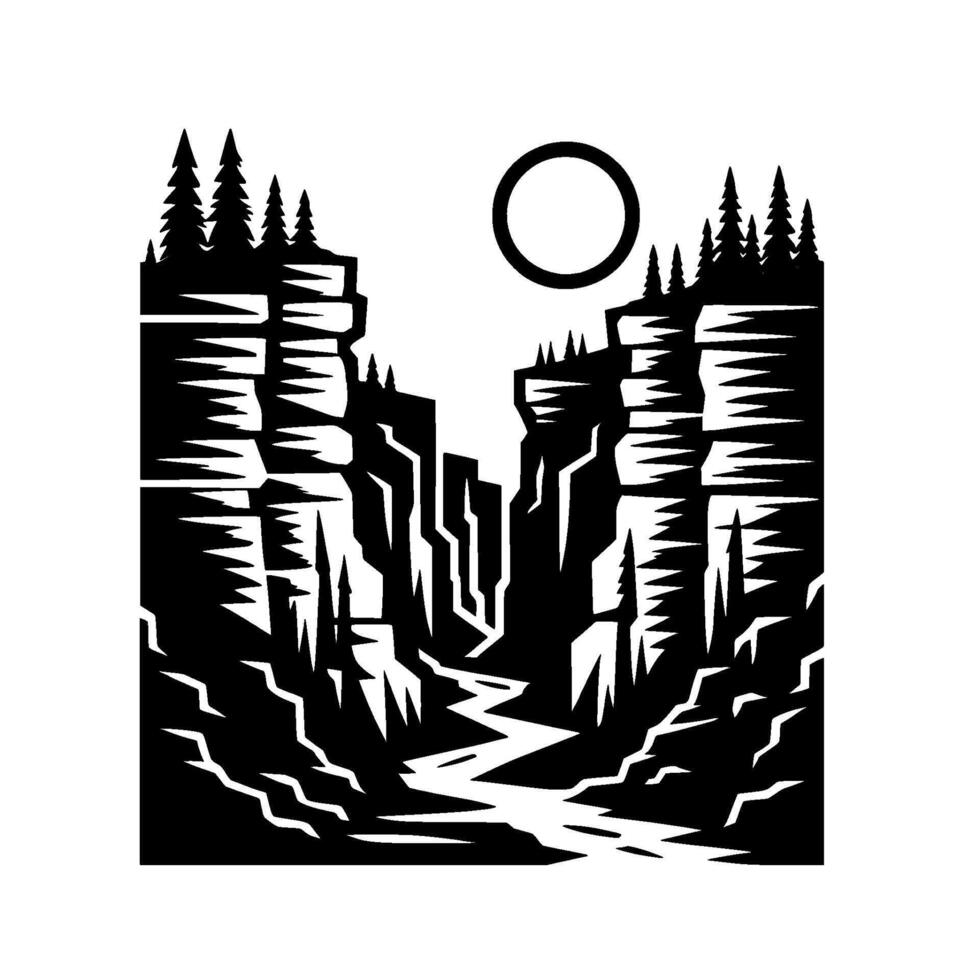 Black and white minimalist canyon landscape featuring river, trees, cliffs, sun silhouette. Geometric . vector
