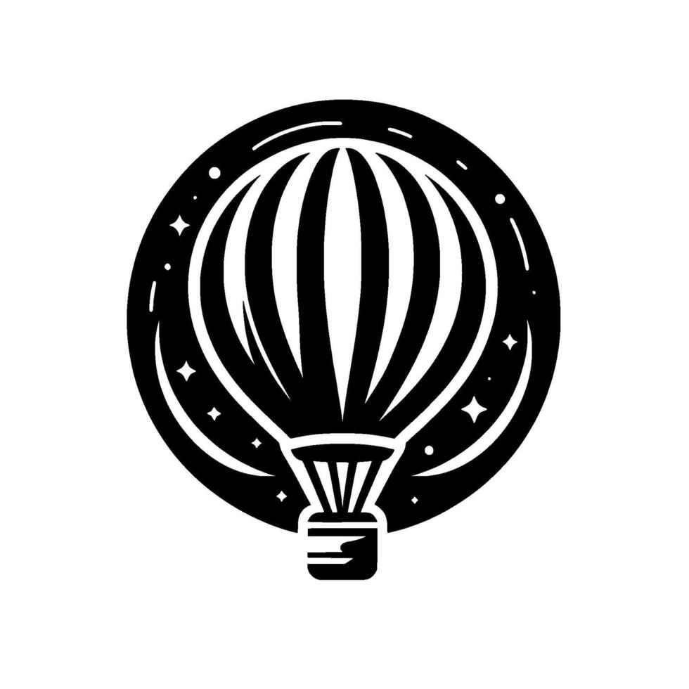 Stylized Black and White Hot Air Balloon within a Circular Frame, Featuring Stars and Stripes, on a White Background. vector