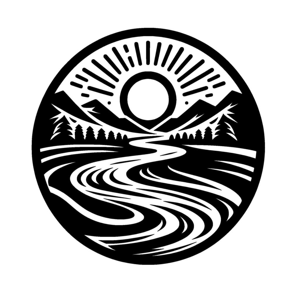 Black and White Circular Landscape Mountain Range, River, Trees, and Rising Sun Silhouette, NatureInspired . vector