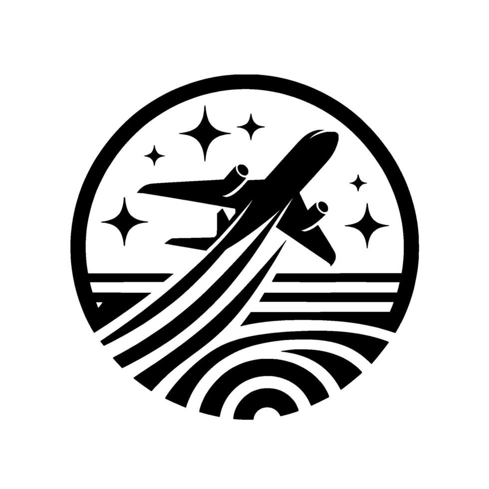A stylized black and white airplane depicting an aircraft ascending, surrounded by stars in a circular emblem, suggesting flight and travel. vector