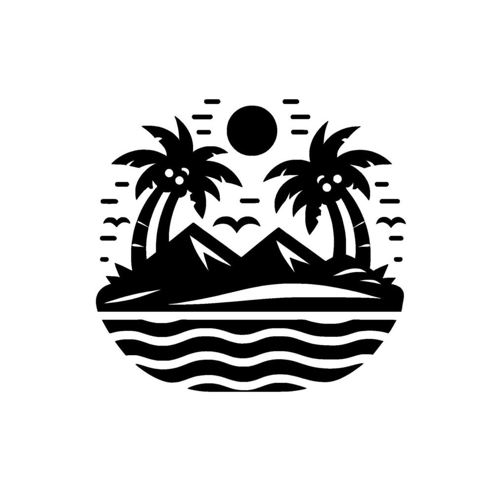 Monochromatic island landscape emblem with stylized palm trees, mountains, sun, birds, and ocean waves, set within a circular frame. vector