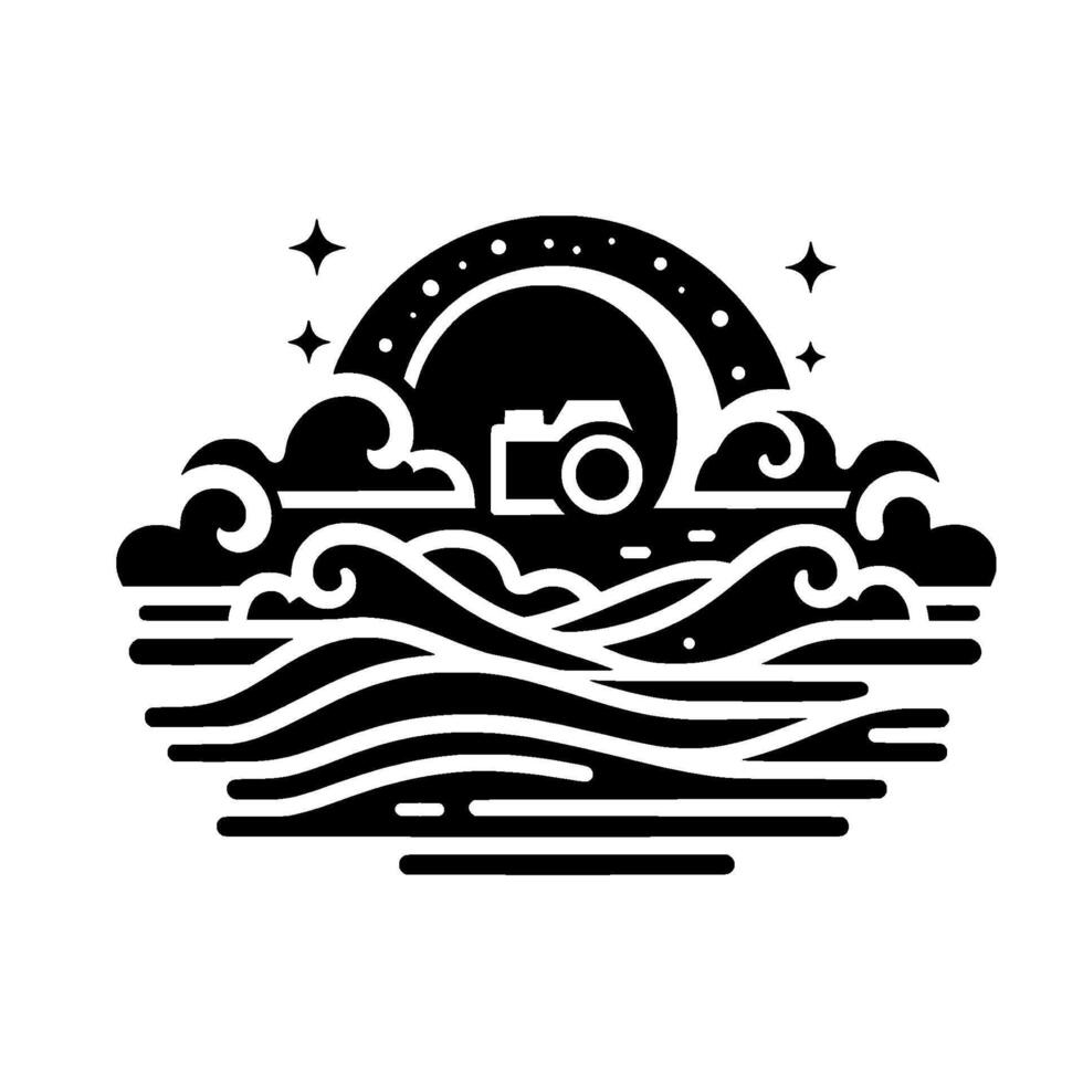 Stylized monochromatic illustration Camera silhouette atop stylized ocean waves and clouds, beneath a dotted arc and stars. vector