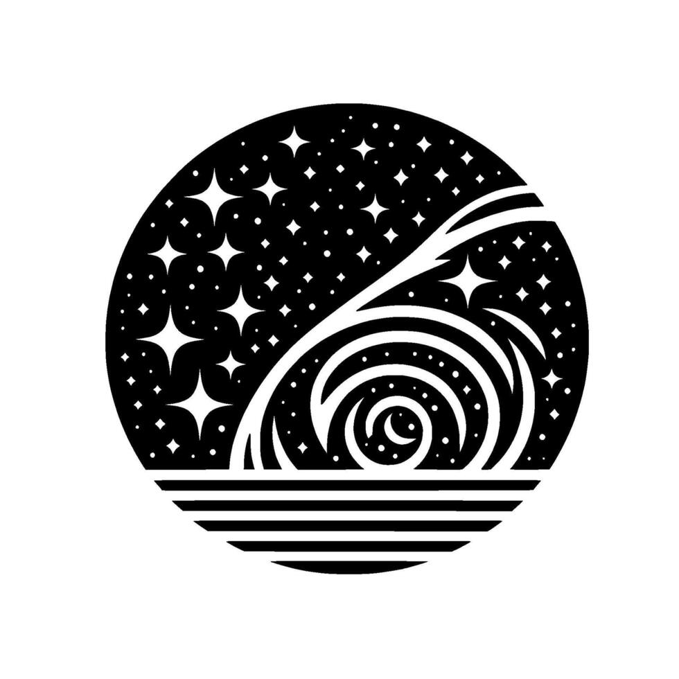 Abstract Black and White Celestial Sphere Swirling Galaxy, Starry Sky, Minimalist Space, Circular . vector