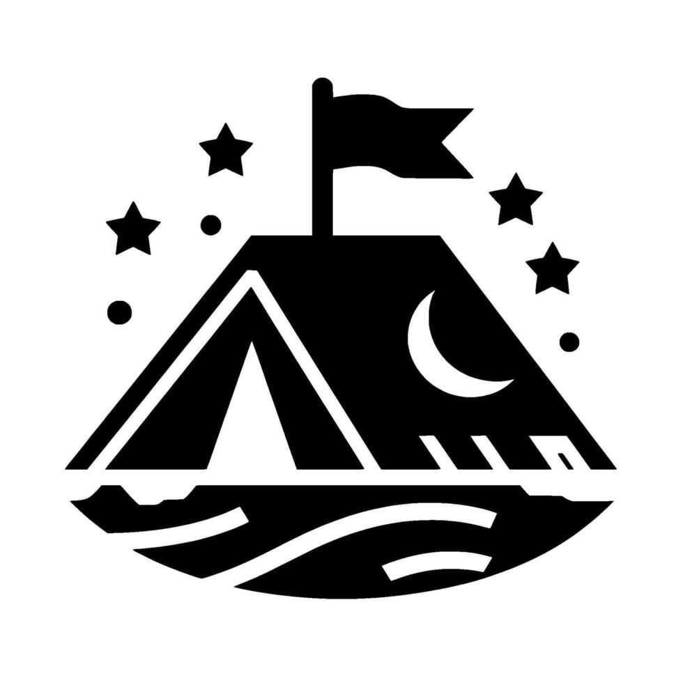 Black and white illustration of a camping tent under a starry night sky, with a crescent moon, flag, and stylized water elements. vector