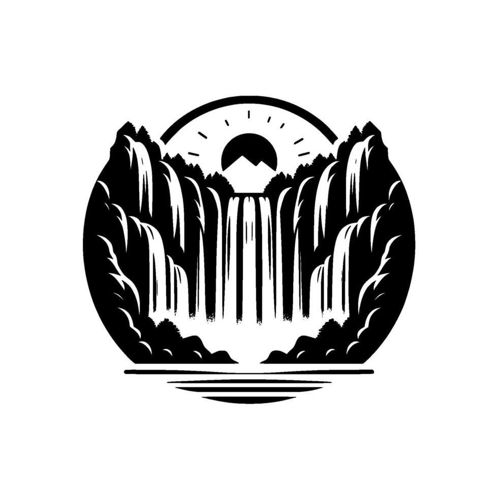 A monochromatic scenic waterfall enclosed within a circular frame featuring mountains, sun, and flowing water, creating a minimalist natural scene. vector