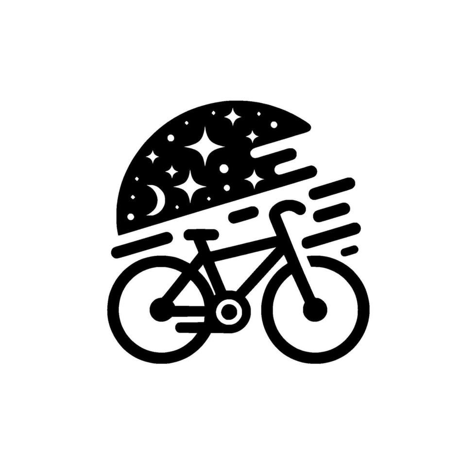 Black and white stylized illustration of a bicycle riding under a night sky with stars and moon, suggesting speed and adventure. vector