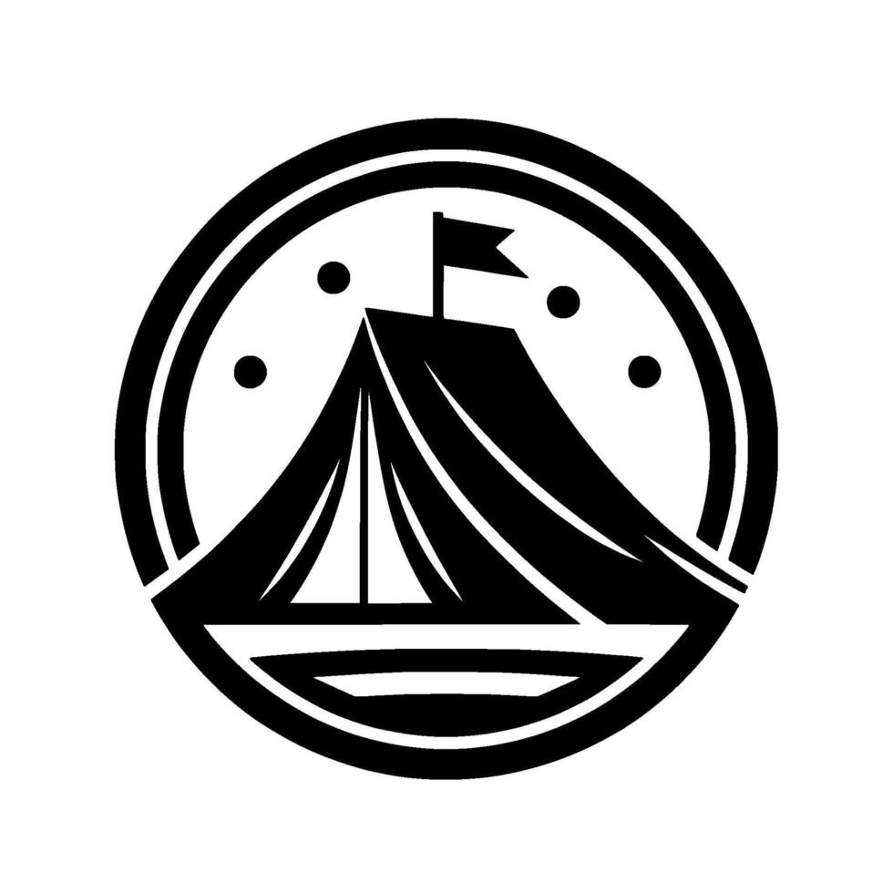 Black White Tent Emblem Circular Composition with Flag and Dotted Accents, Monochromatic Silhouette on White Background. vector