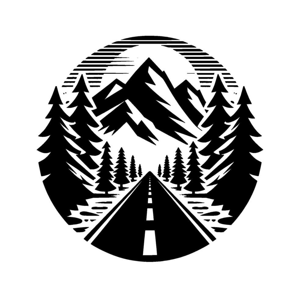 A circular black and white minimalist featuring a highway receding into mountain range framed by pine trees and an abstract sun. vector