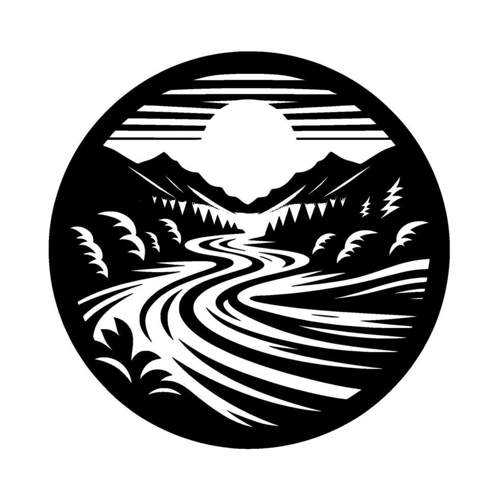 Black and White Circular Depicting a Scenic River Valley with Mountains, Trees, and Sun in a Serene, Stylized . vector