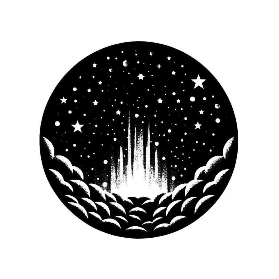 Dreamy monochrome stipple artwork depicts a celestial sphere with clouds at the bottom, starfilled sky, and radiant beams. vector