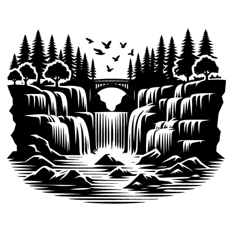 Monochrome silhouette of a cascading waterfall with bridge, forested cliff, flowing water, birds, and natural scenery. vector