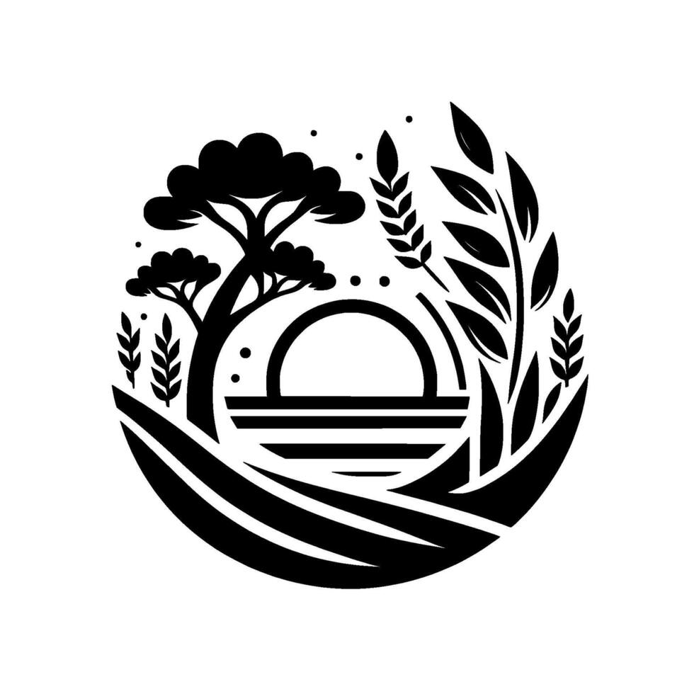 Serene black and white minimalist circular illustration showcasing a stylized sunset over a field, with tree and crops. vector