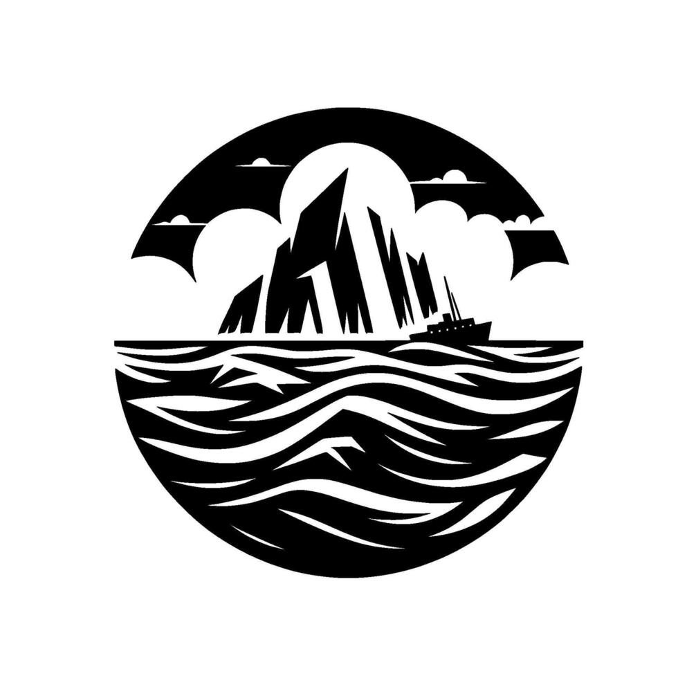 Dramatic monochrome seascape featuring jagged mountain peaks, a sailing vessel, and turbulent water, framed within a circular . vector