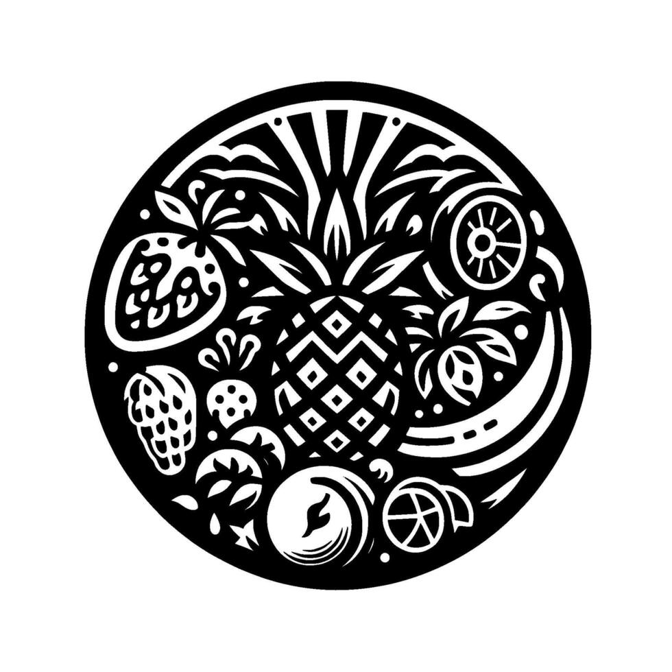Monochromatic Circular Fruit Medley Pineapple Centerpiece Surrounded by Berries, Citrus, and Tropical Fruits in a Decorative CutOut . vector
