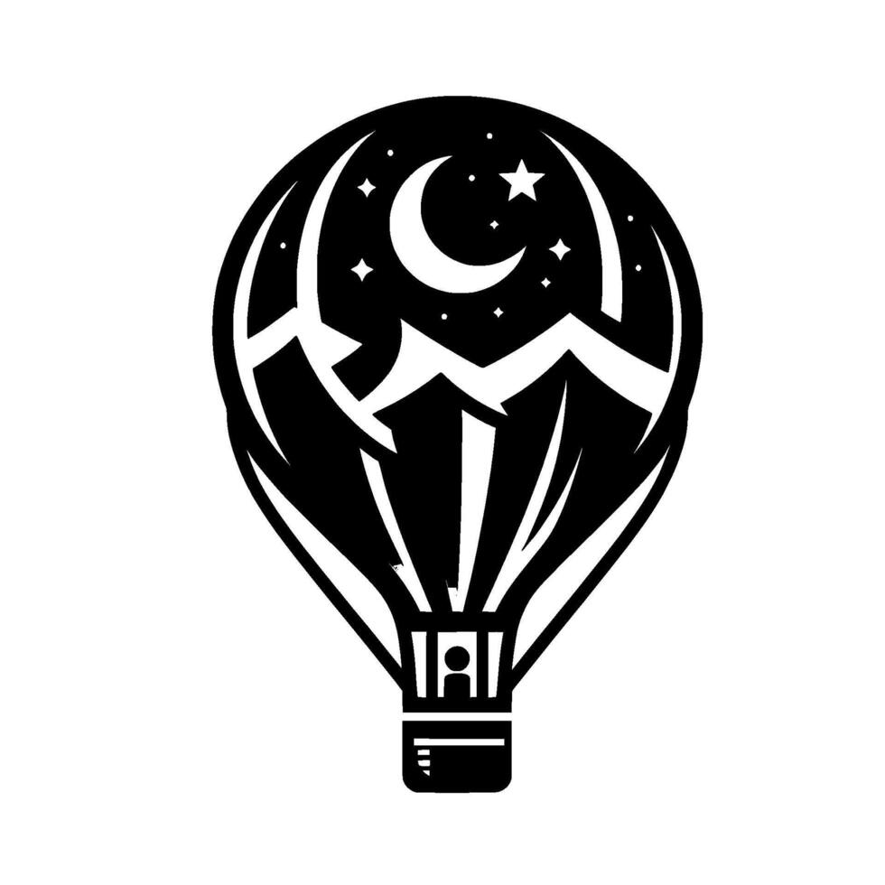 A stylized, black and white hot air balloon incorporates a night sky filled with crescent moon, stars, and mountain range silhouette. vector