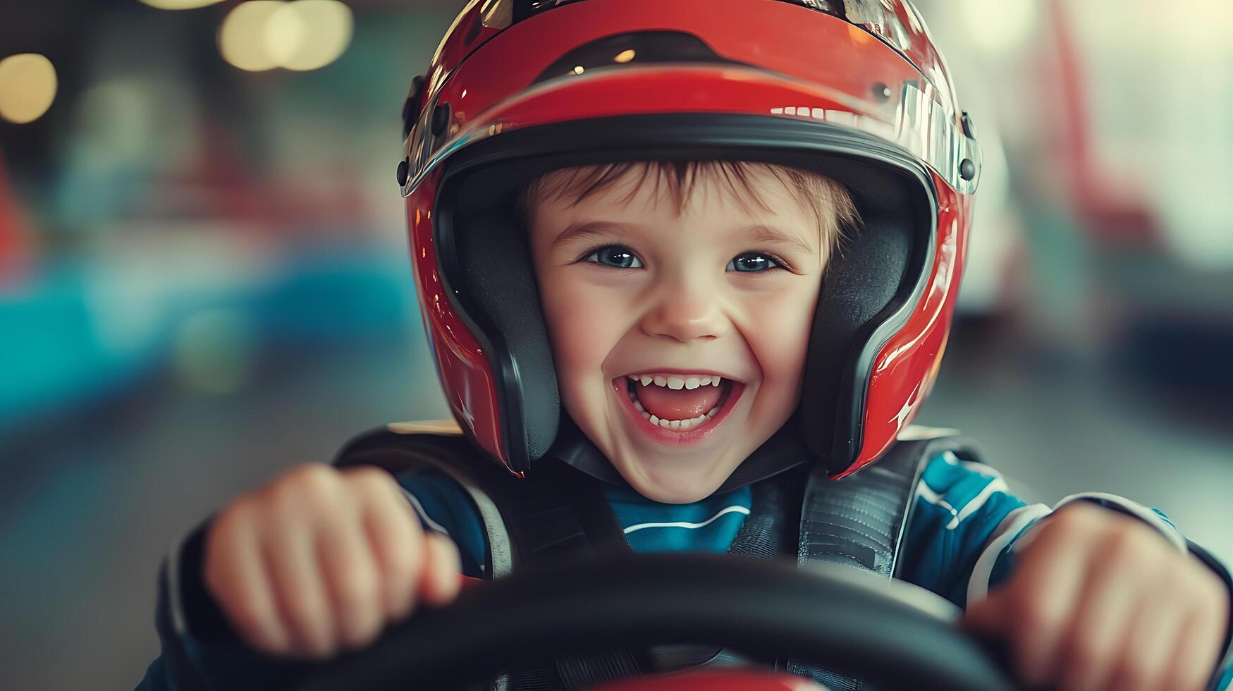 Joyful young boy with bright blue eyes flashing a big toothy smile while driving wearing a red helmet fully enjoying the ride photo