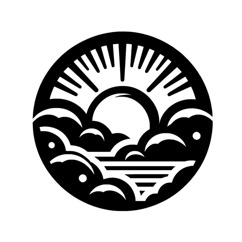 Circular Silhouette Depicting a Rising Sun Above Clouds and Sea, in a Black and White Minimalist Style. vector