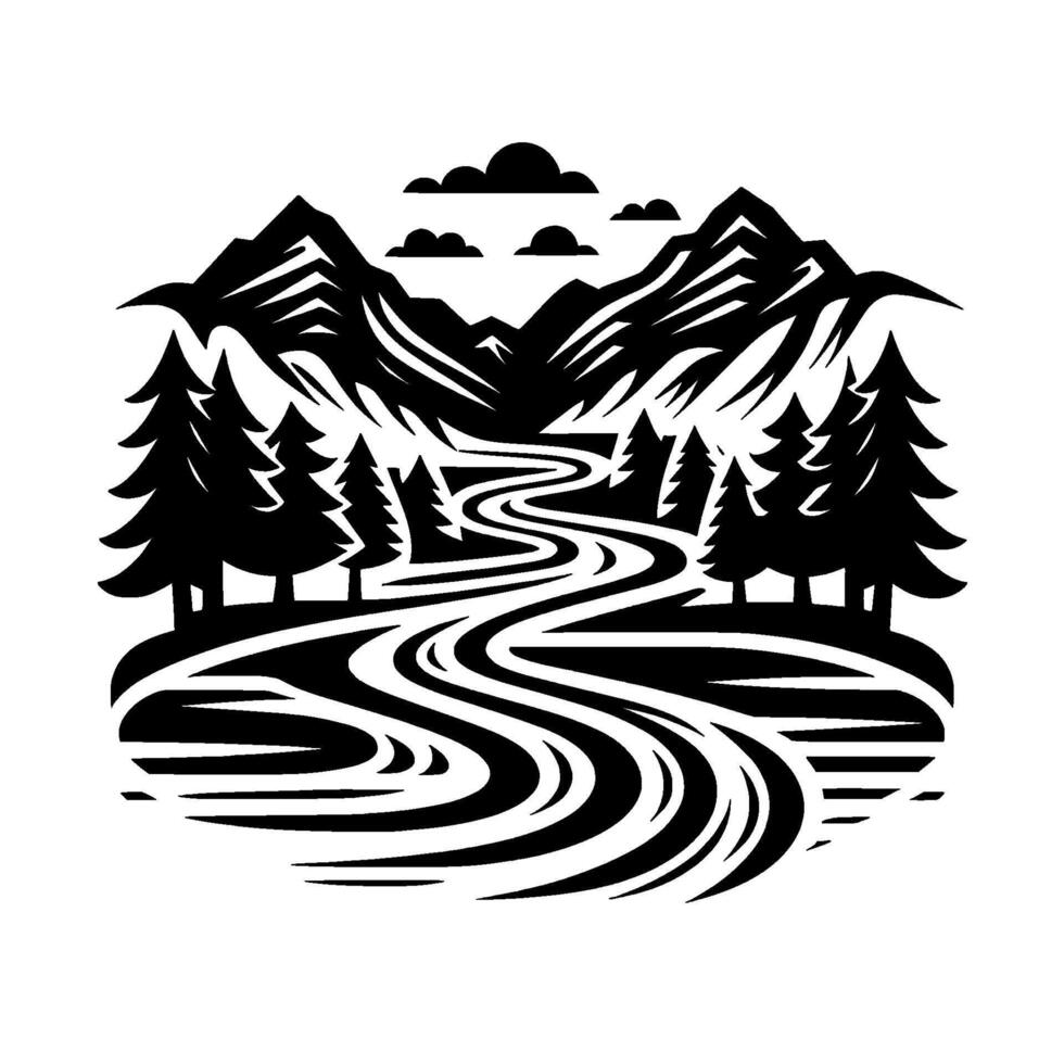 Black and white stylized nature illustration featuring mountains, river, trees, and clouds creating a scenic, minimalist . vector