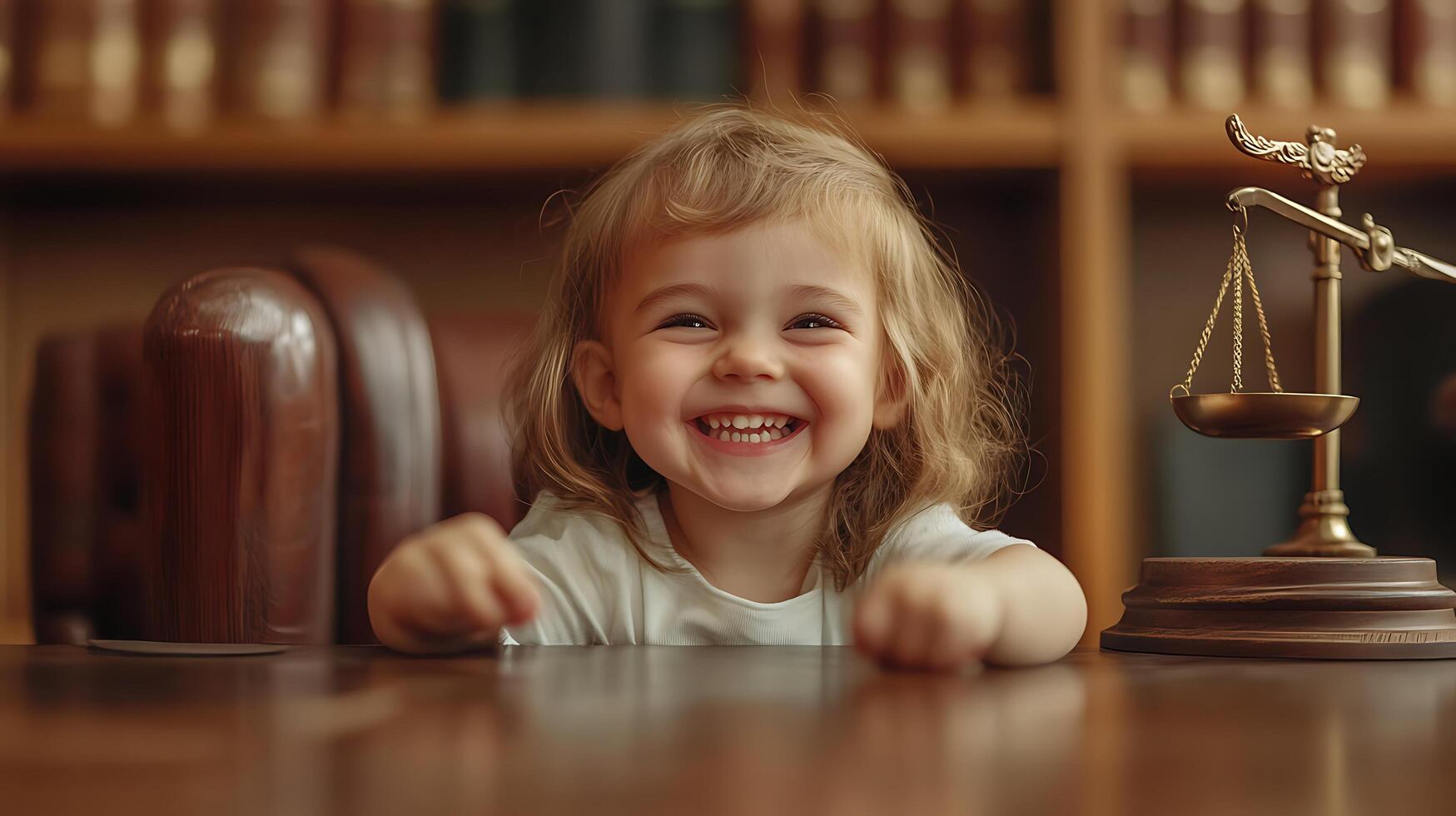 Joyful toddler smiles brightly in a legal setting The scales of justice cast a shadow on her potential future in the courtroom photo
