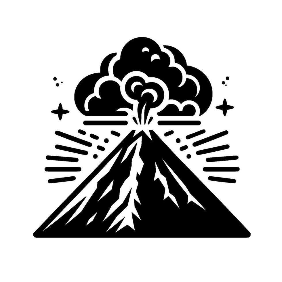 Bold Black and White Illustration of a Volcanic Eruption, Depicting a Stylized Mountain with Smoke and Clouds, Clean . vector