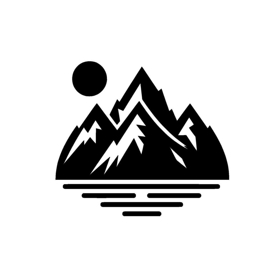 A stylized black and white landscape depicting mountain peaks reflected in calm water, with a simple sun above. vector