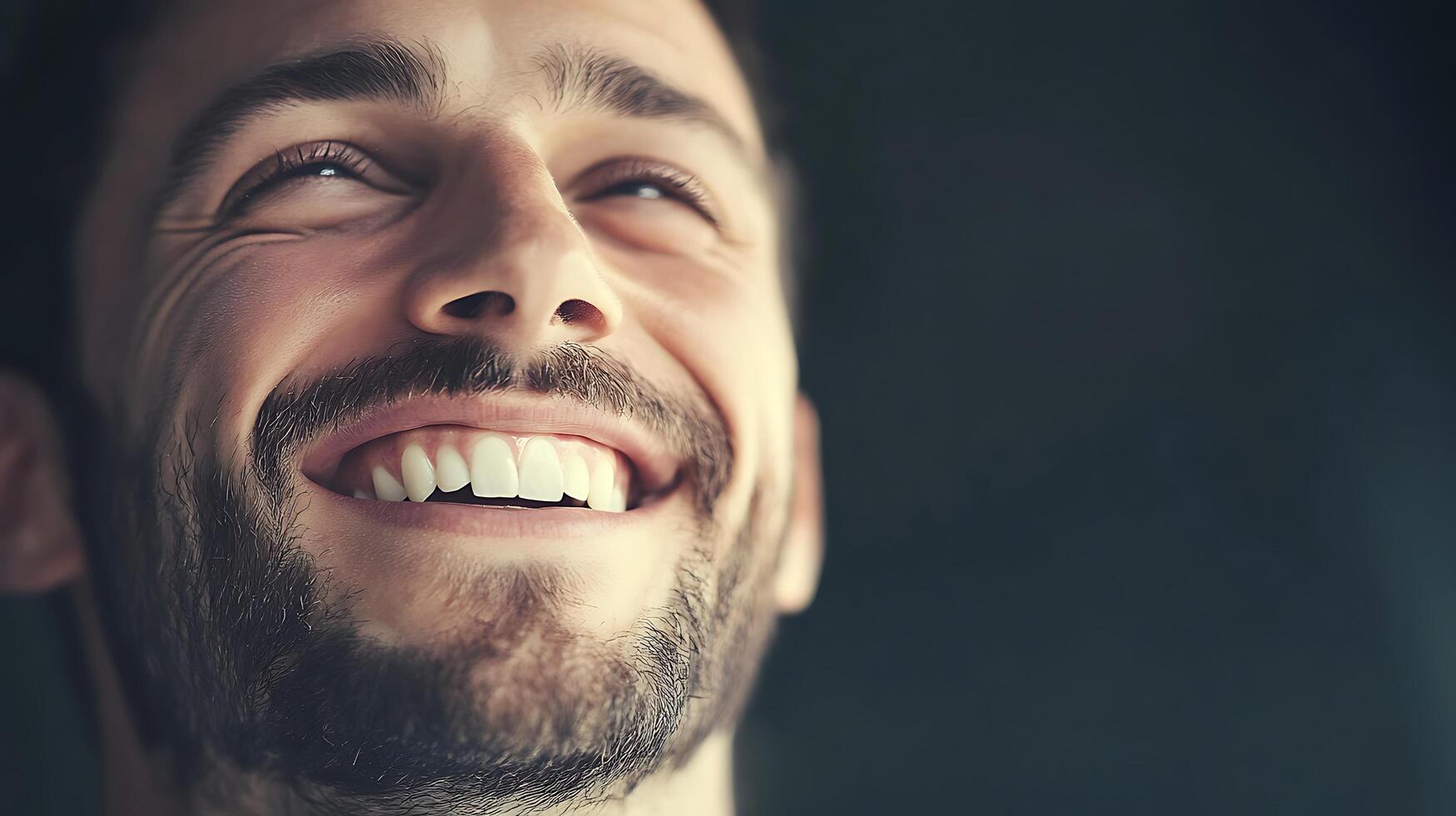 Man's joyful upward gaze a portrait of optimism Radiating genuine happiness capturing a moment of pure unadulterated delight photo