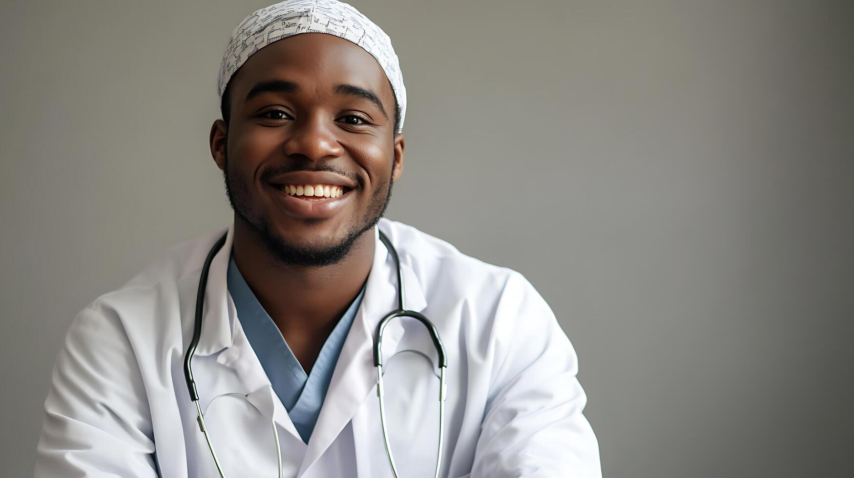 Smiling healthcare professional with a stethoscope radiating confidence and expertise in medical environment Dark skinned indoor setting photo
