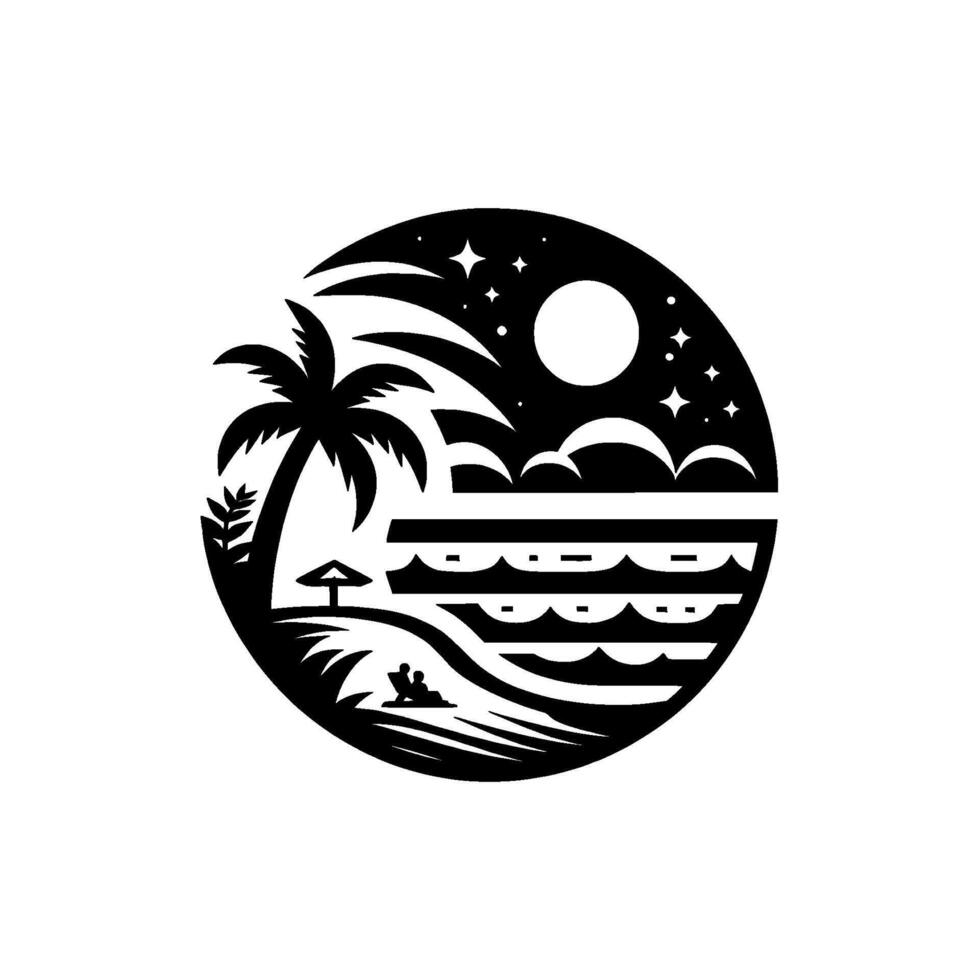 Silhouette beach scene inside a circle, depicting a tropical night with palm tree, moon, stars, ocean, and relaxing couple. vector