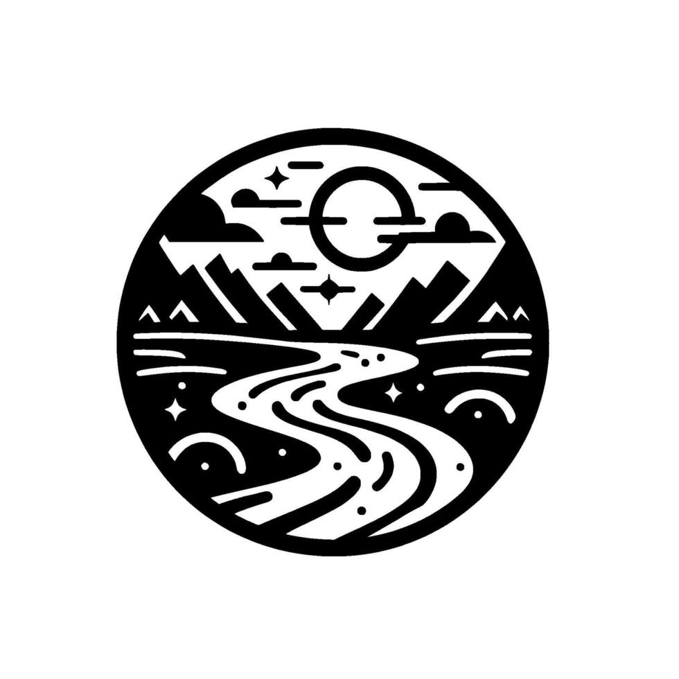 Monochrome Circle Serene Mountain Landscape with Flowing River, Sun, Stars, and Clouds in a Minimalist . vector