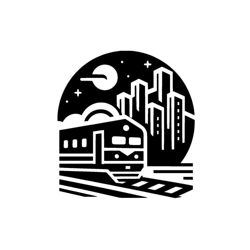Nighttime Train Journey Geometric Black and White Silhouette of a Train Passing City Skyscrapers Under a Moonlit Sky. vector