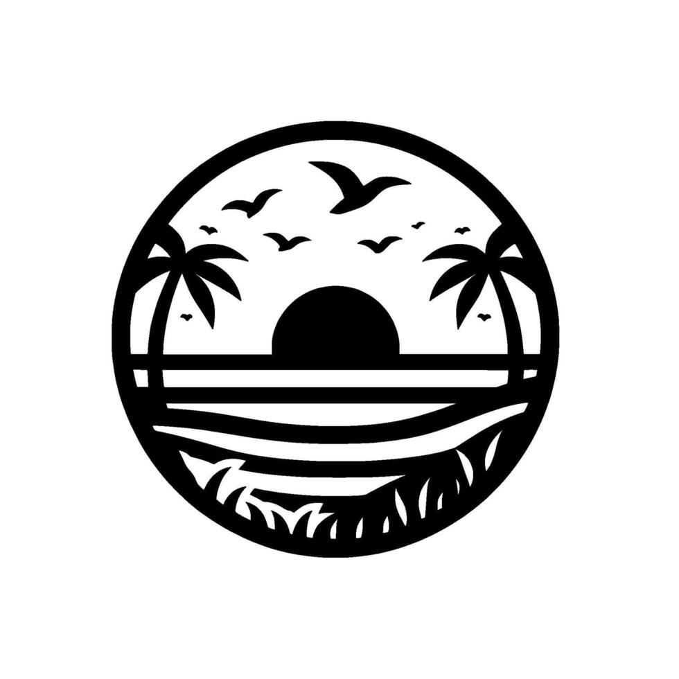 Silhouette Beach Scene Inside Circular Frame Palm Trees, Sunset, Ocean, Birds, Grass, Black and White . vector