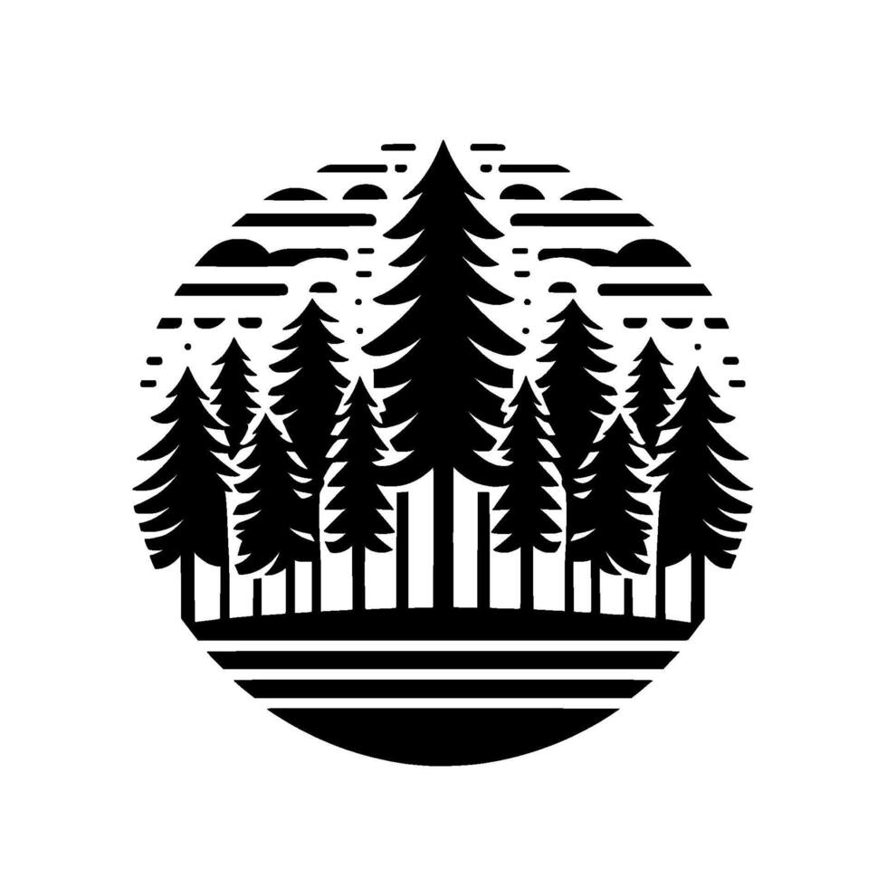 Black and White Silhouette of a Forest within a Circle Depicting Pines, Clouds, and Atmospheric . vector
