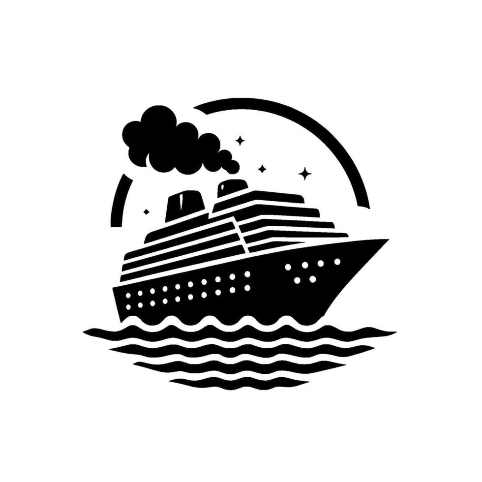 Monochrome, stylized cruise ship sailing on wavy seas beneath a starry sky, with emanating smoke, within a circular . vector
