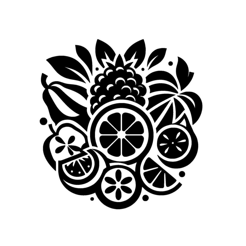 Abstract Black and White Fruit Medley Composition Citrus, Berries, and Tropical Slices, Botanical Decorative Elements vector