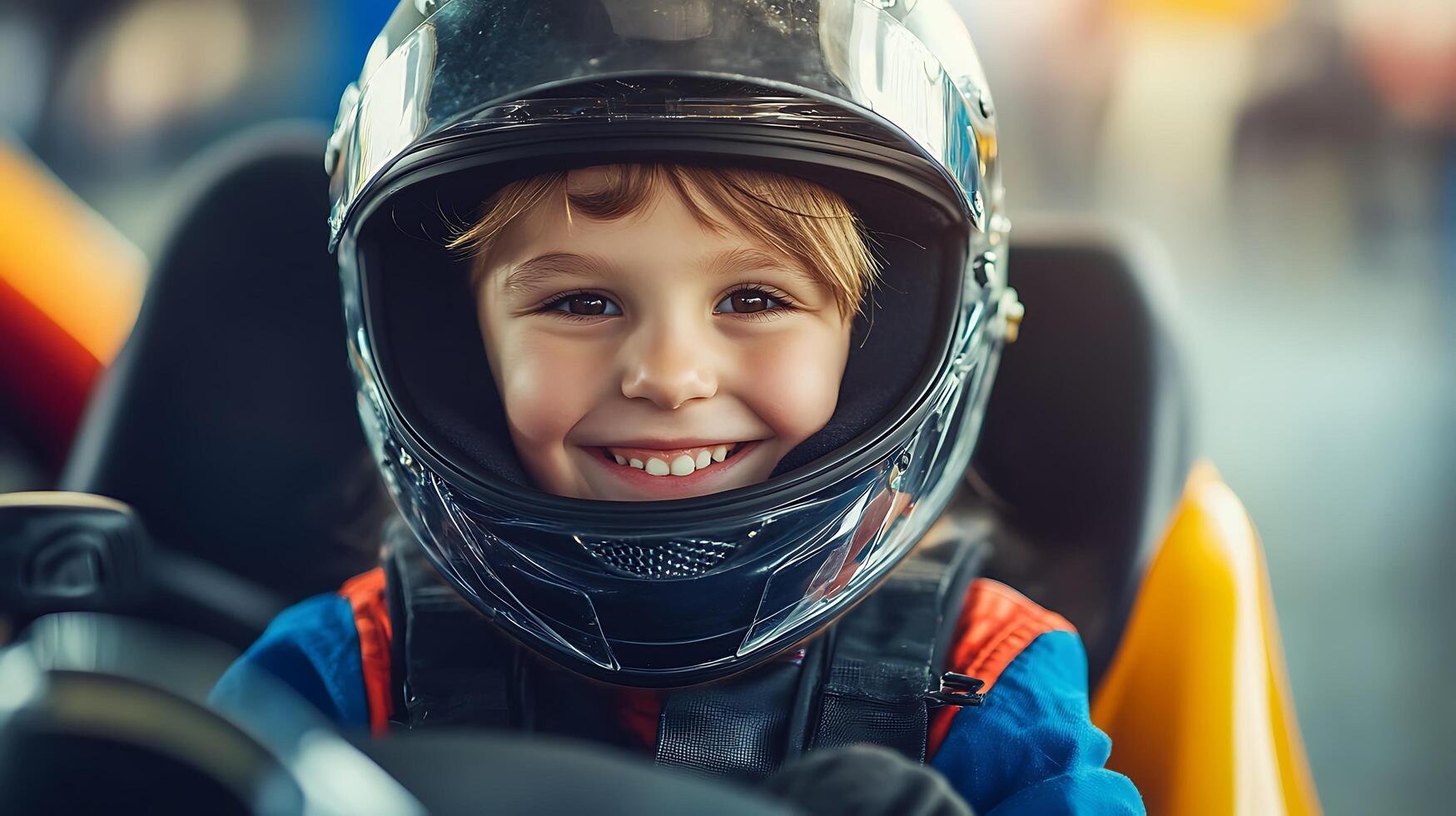 Young racer smiling in helmet and racing suit Ready for speed A bright and cheerful go-karting experience for a child photo