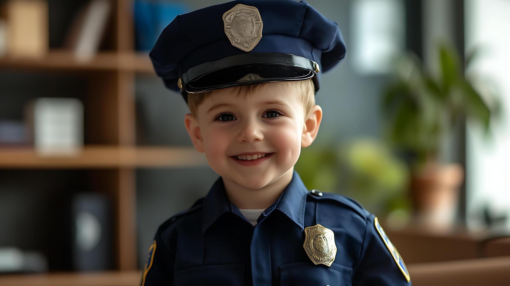 A young boy smiles brightly dressed in a miniature police uniform ready to serve and protect with enthusiasm and a charming grin photo