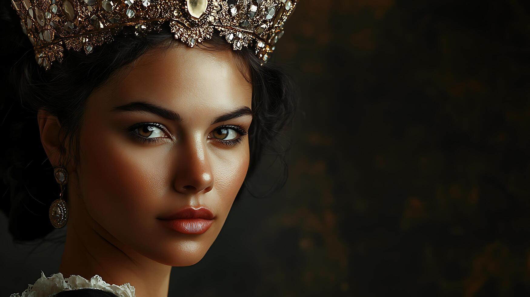 Portrait of a dignified woman with striking features adorned with a jeweled crown emanating an aura of regal elegance and timeless beauty photo