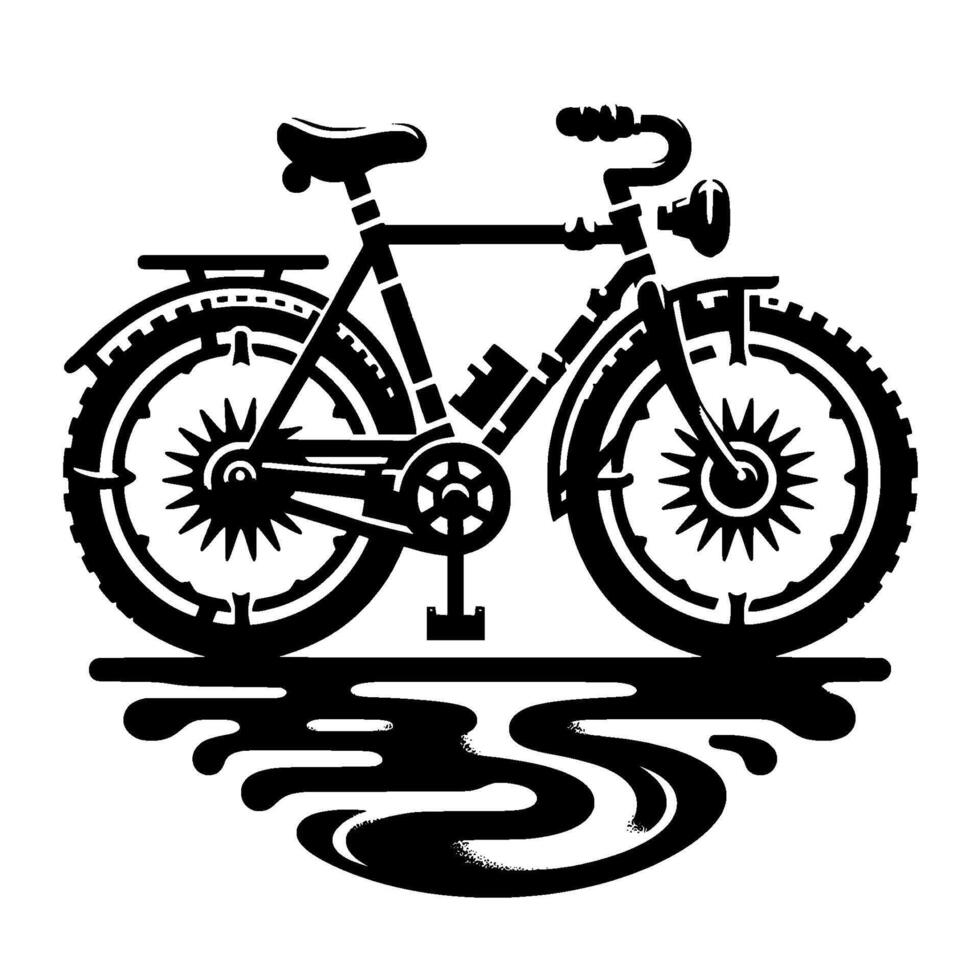 Stylized Black and White Bicycle Silhouette with Reflective Shadow, Showcasing Detailed Gear, Tire and Wheel on a White Background. vector