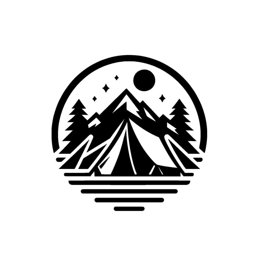 Black and white circular emblem featuring a tent, mountains, trees, stars, sunmoon, and water lines, suggesting camping and the outdoors. vector