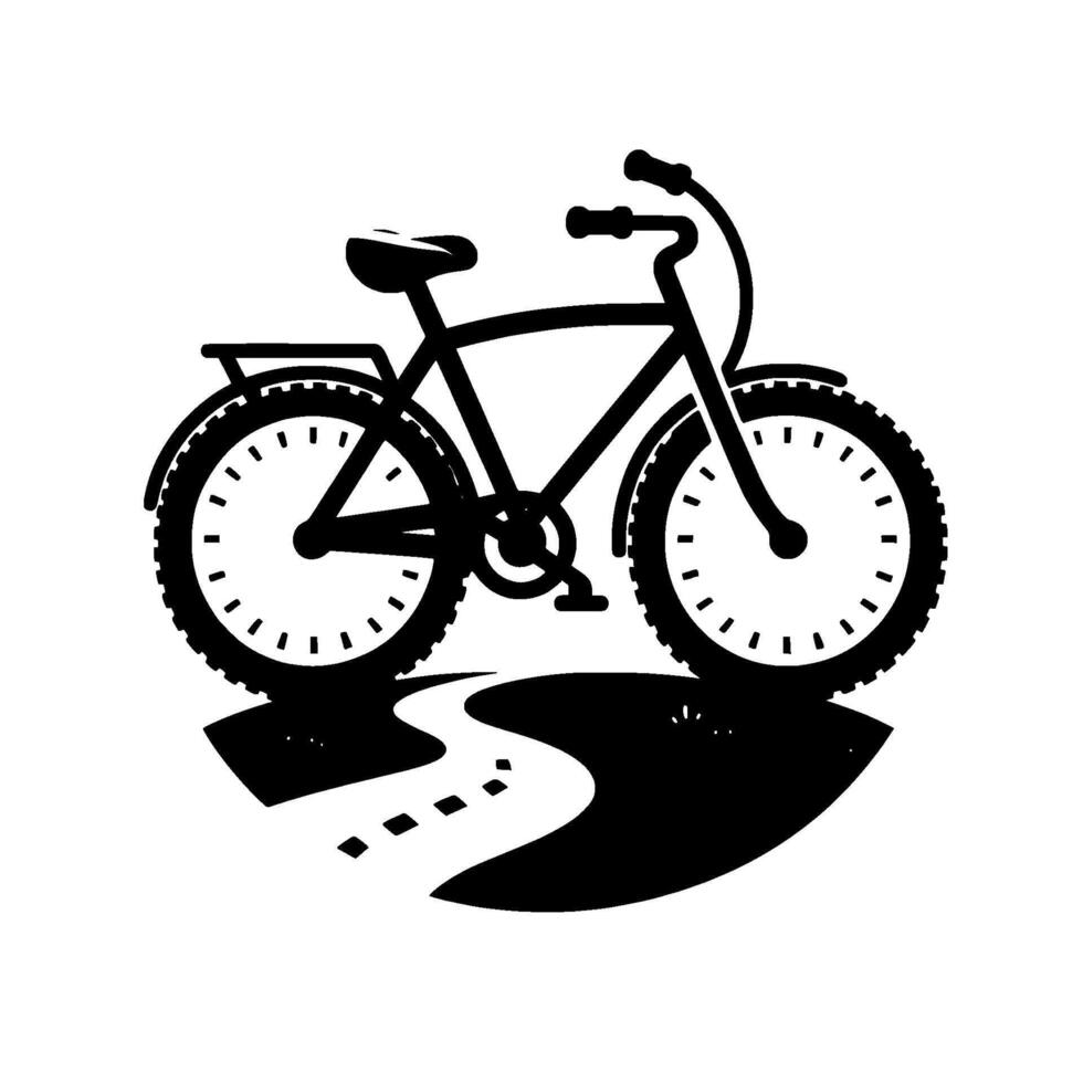 Silhouette of a Bicycle on a Winding Road Minimalist black and white illustration of a bike with a luggage rack, tires and road markings. vector