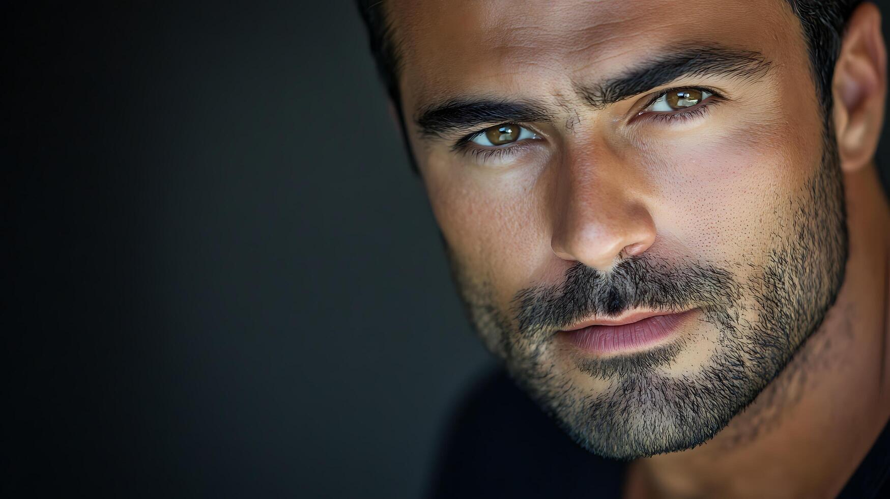 Dramatic close-up of a man with intense eyes and stubble against a dark background creating a captivating and mysterious portrait photo