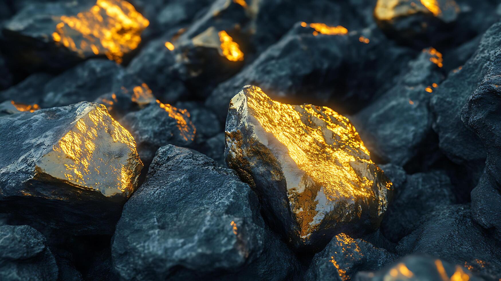 Golden nuggets gleam among rugged dark rocks Precious minerals sparkle hinting at wealth and prosperity embedded within the earth photo