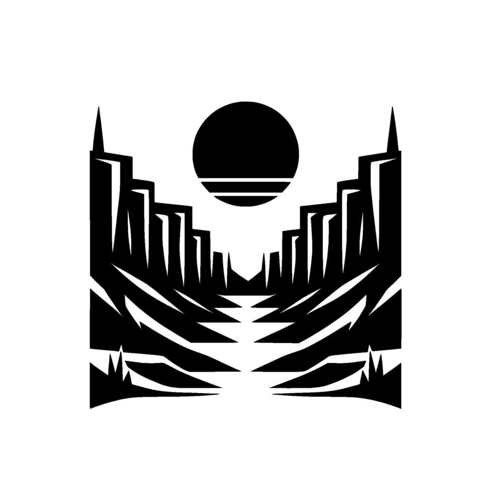 Black and white illustration of a stylized canyon with a setting sun above, creating a minimalist landscape composition. vector