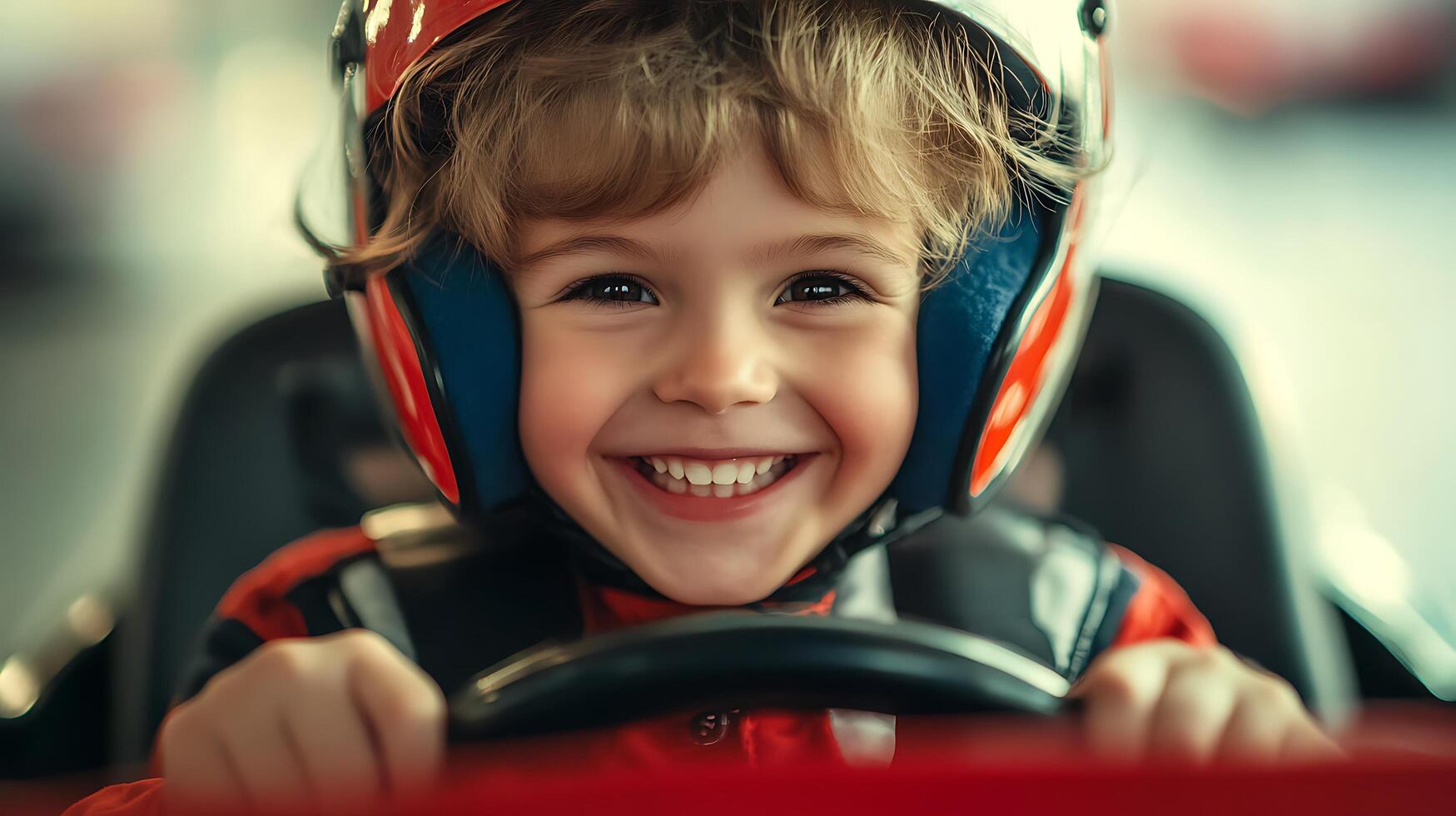 Young racer's joyful smile as he sits in his racing go-kart safety gear on ready for fun and adventure on the track photo