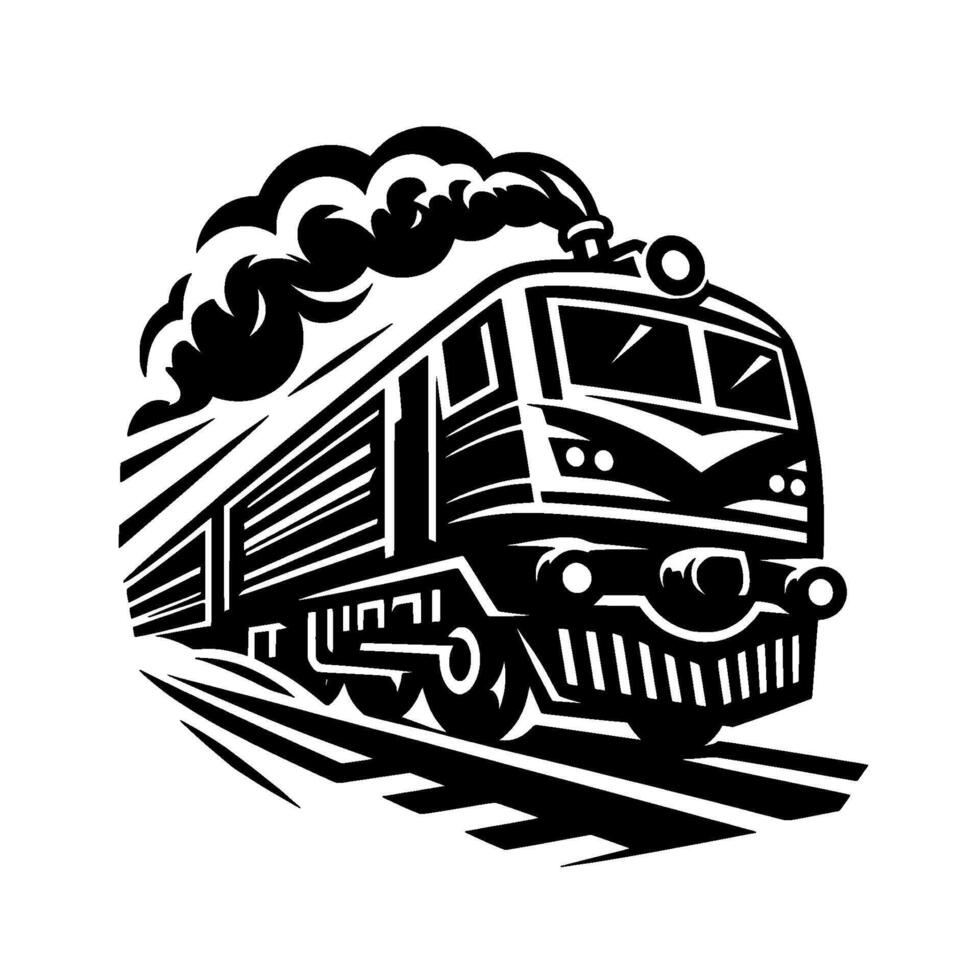 Bold Black White Illustration of a Classic Locomotive on Tracks, with Smoke and a Clean, Geometric . vector