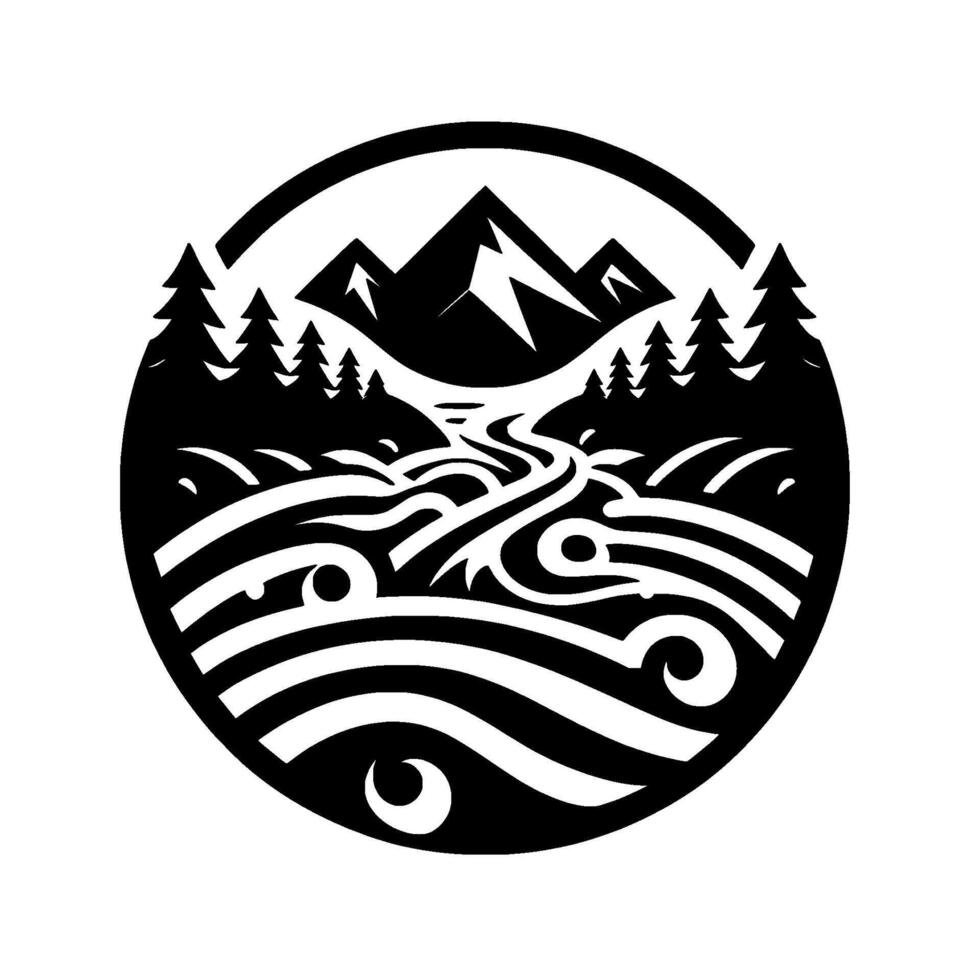 Stylized Black and White Circular Illustration of a Mountain Landscape with Flowing River, Trees, and Peaks. vector
