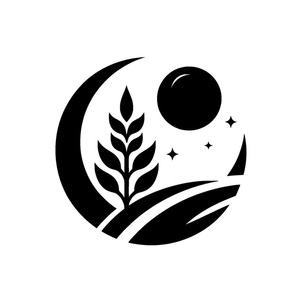 Minimalist Crescent Moon, Grain, Sun, and Fields with Stars, Perfect for Agricultural or Naturethemed Branding vector