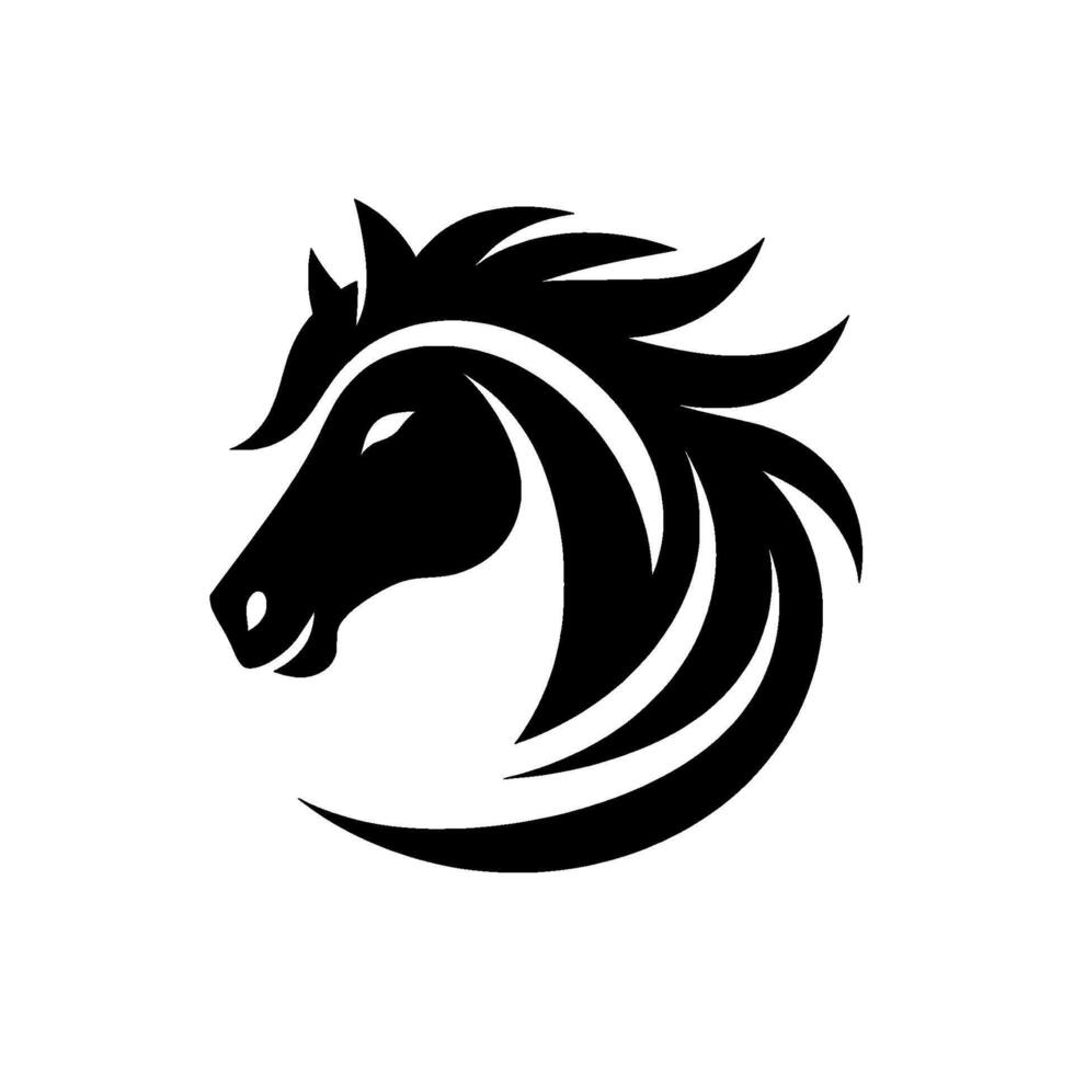 Elegant Monochrome Horse Head Silhouette with Flowing Mane Curved Lines, Set Against White Background, Suggesting Strength. vector