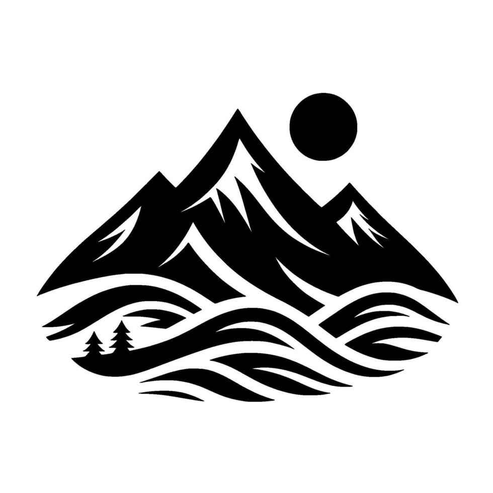 Bold Monochrome Nature Mountain Peaks, Sun, River Waves, and Pine Trees vector