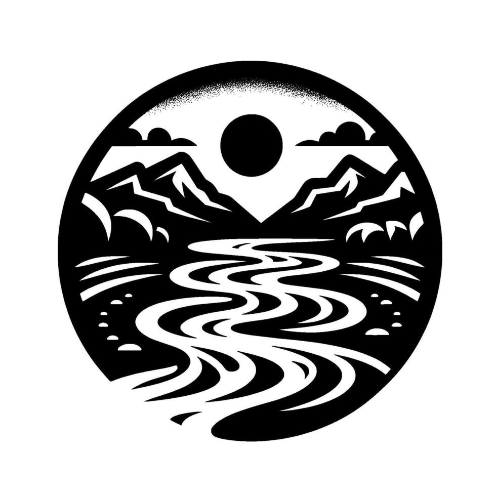 Black and white circular illustration of a stylized mountain landscape with a winding river, sun, and clouds. vector